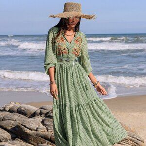 Embroidered Polka Dot Tie Neck Long Sleeve Midi Dress